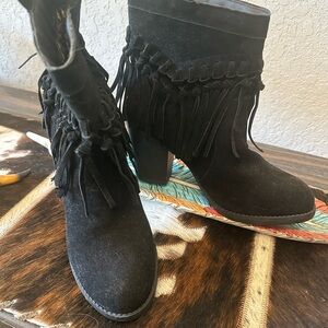Fringe Black Suede Ankle Boots